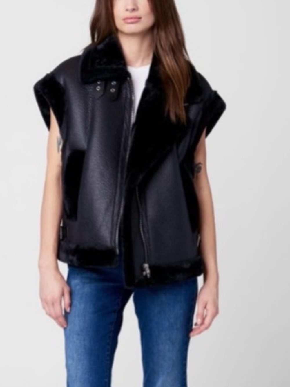NEW BLANKNYC Vegan Leather Sherpa Oversized Black Vest Buckle Details Moto Sz S